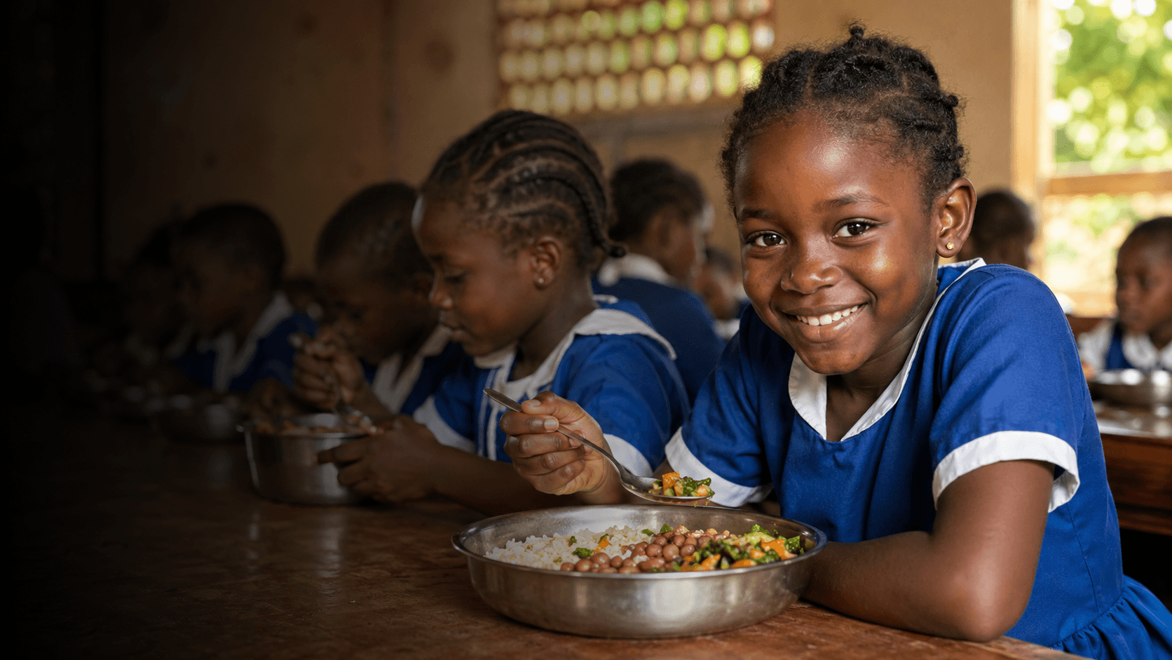 Ecoliere prenant un repas scolaire nutritif avec ses camarades